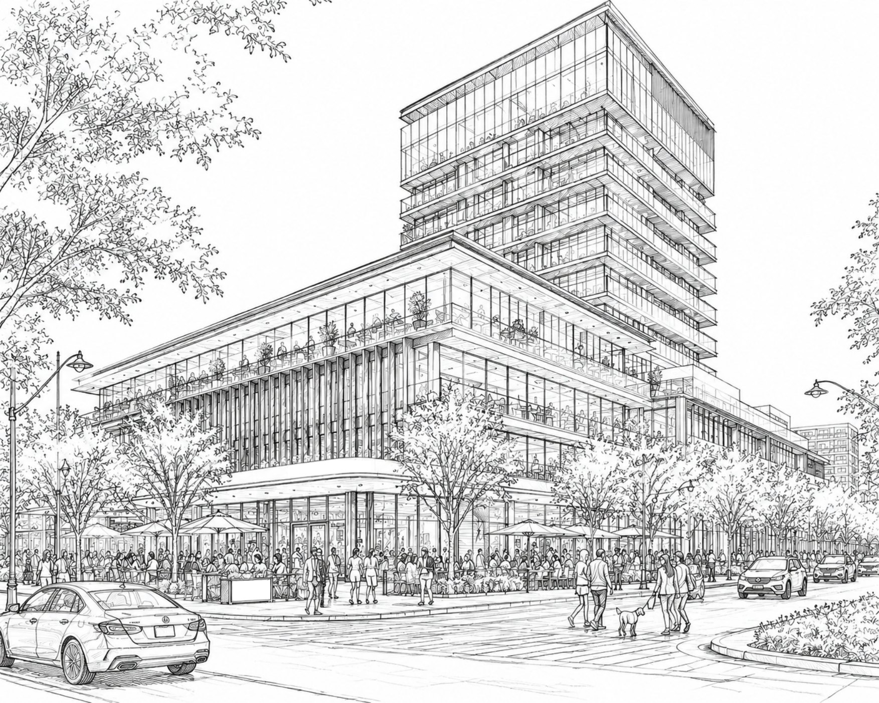 Black-and-white architectural sketch of a retail and mixed-use building